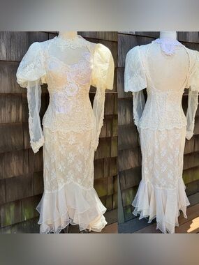 Vtg ivory wedding dress Victorian sheer lace chiffon open back 12M Lorrie Kabala